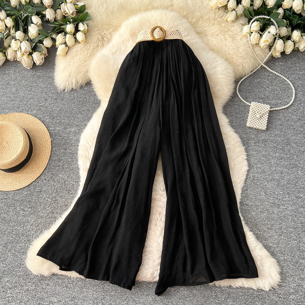 Lazy style high waist woven belt loose wide leg pants for women spring and summer drape slimming look cover crotch loosecasual pants