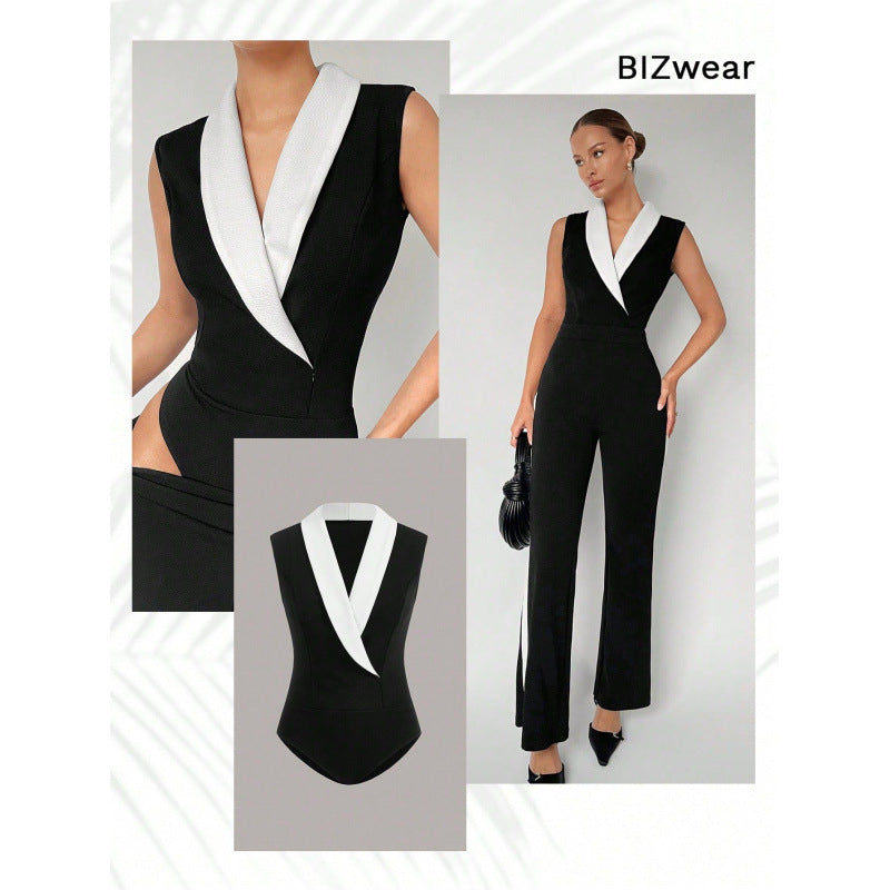 Women's sleeveless color block lapel bodysuit v-neck slim fit blazer style top for office and party occasions