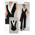 Women's sleeveless color block lapel bodysuit v-neck slim fit blazer style top for office and party occasions