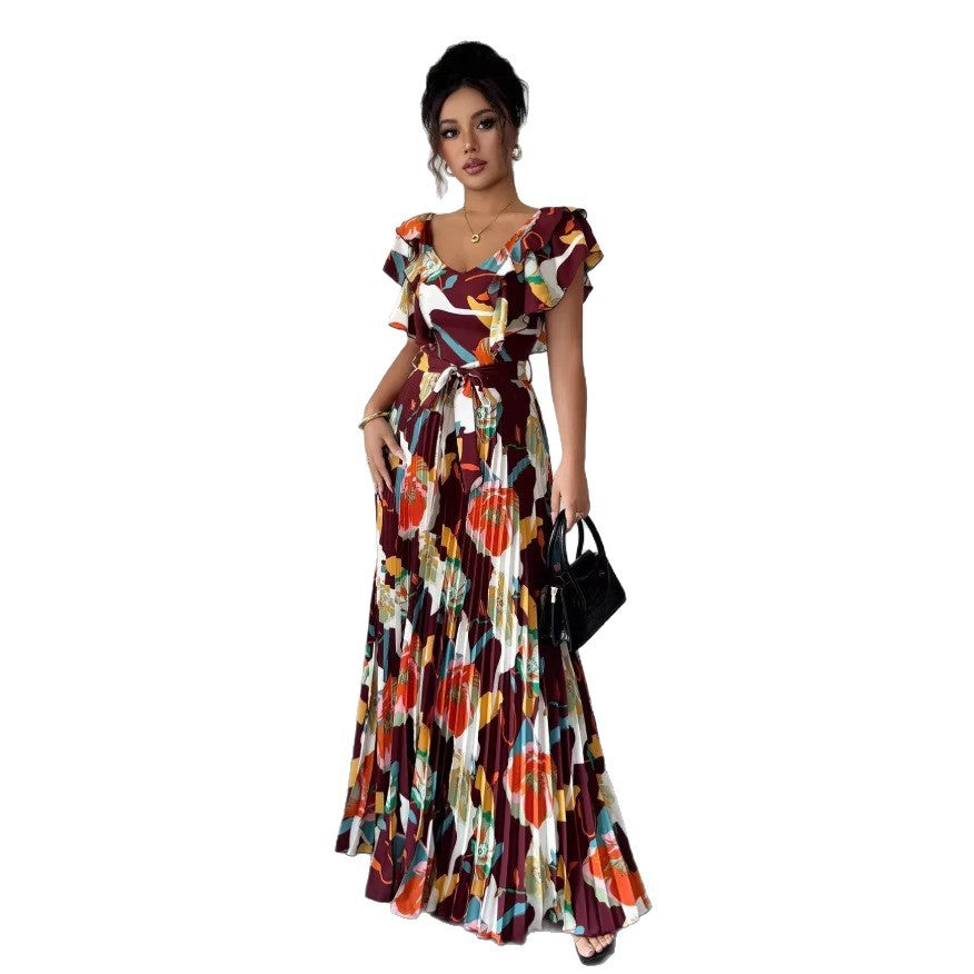 new fashion european and american style printed pleated maxi dress