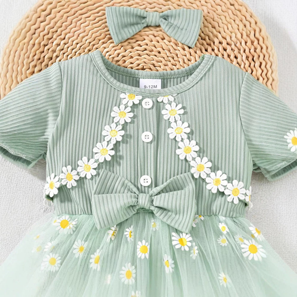 Baby girl party outfit cute ribbed knit patchwork mesh floral fake two-piece mesh romper dress with headband