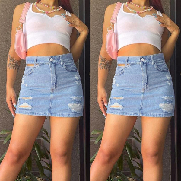 Cross-border wish  eBay  European and American women's clothing, high waist slim fit ripped denim skirt women