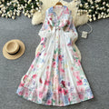 French holiday style printingsilm dress for women spring & fallv neck lantern sleeves waist strap a-line work clothing long skirt