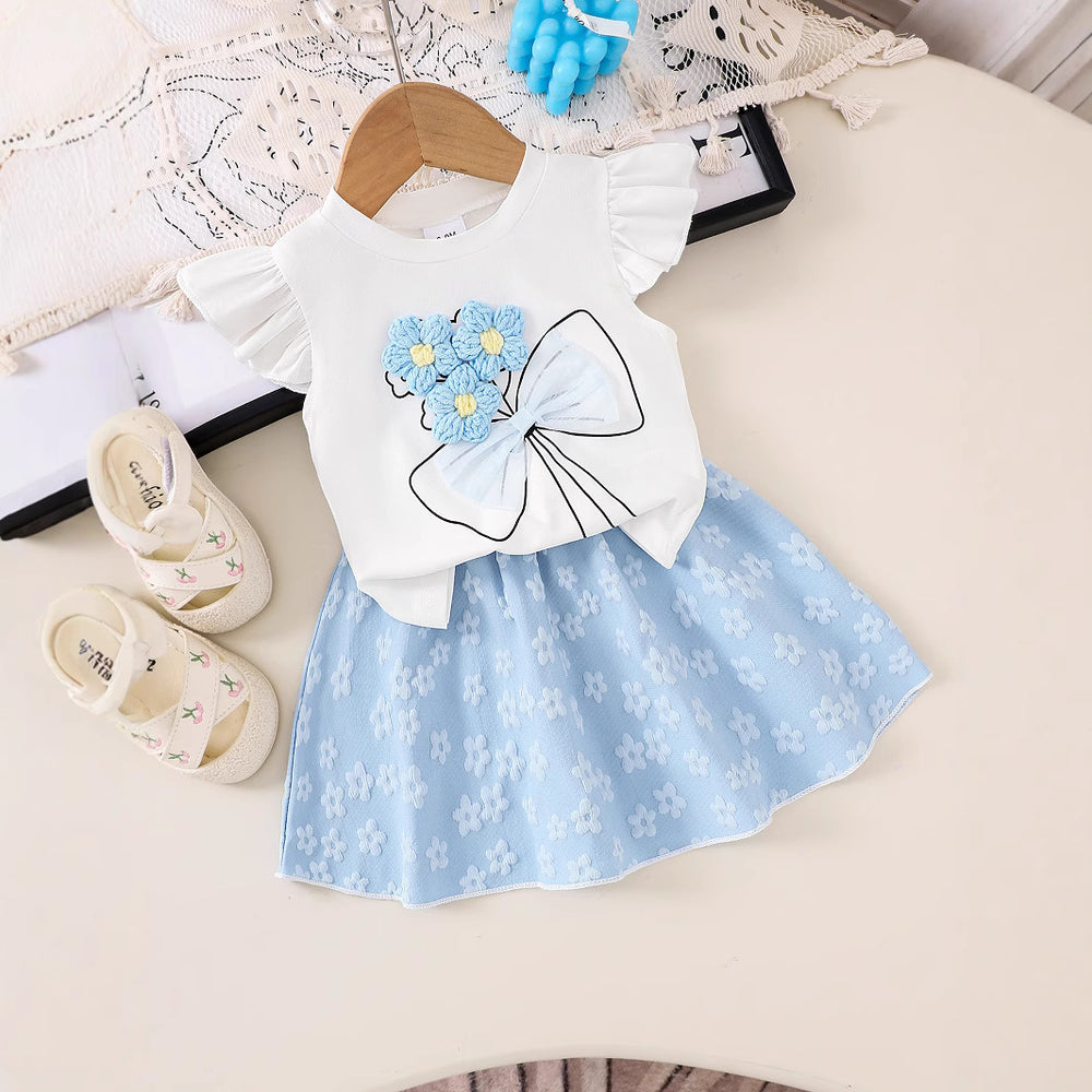 Children's clothingfashion children's clothing woolen flower off-white flying sleeve t-shirt + blue skirt girl