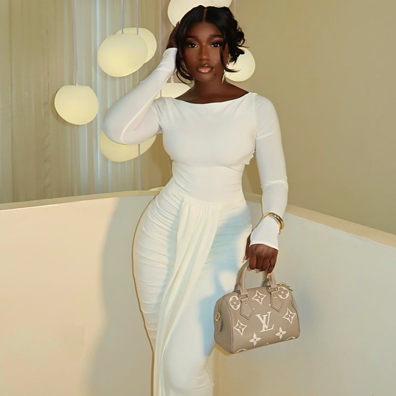Fashion style cross-border elegantpure color women's casual daily home hip skirt round neck long sleeves waist trendy dress