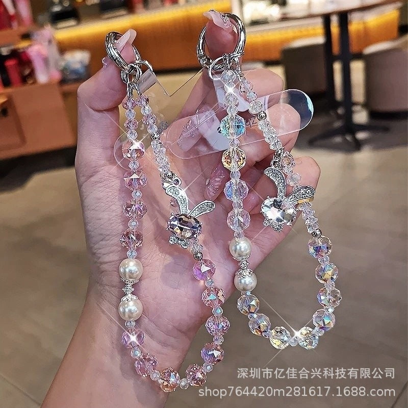 New arrival crystal pearl crystal lanyard beaded mobile phone hanging chain wholesale dream rabbit rhinestone pendant foreign trade cross-border