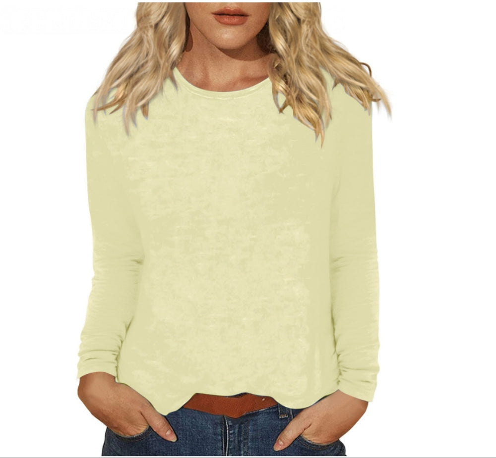 new women's casual long-sleeve solid color crew neck t-shirt for cross-border