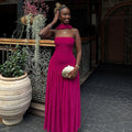 European and american cross-border women's fashion  summer new arrival: elegant choker strapless bodycon rose red long evening dress