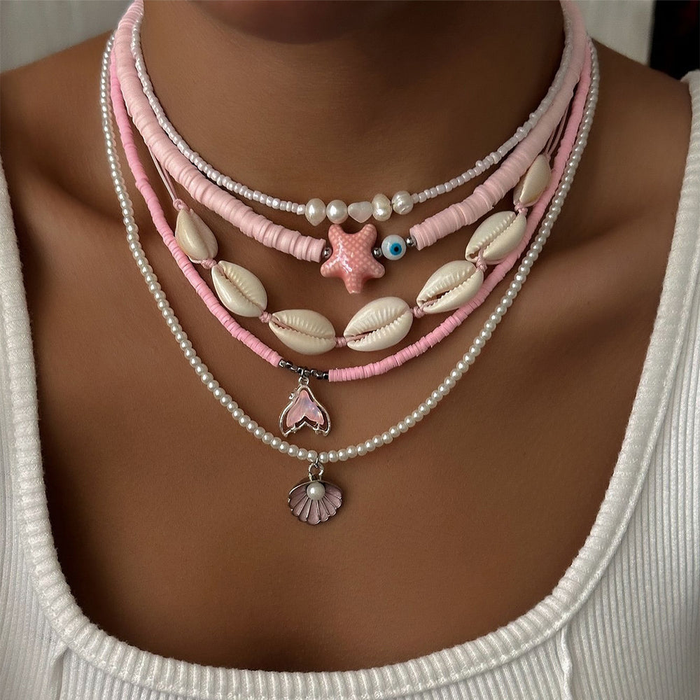 Wholesale pink shell necklace - european and american style, beach vacation vibe, fashionable beaded starfish pearl layered necklace for women