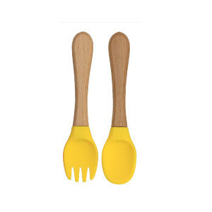Factory direct sales silicone wooden handle complementary food fork and spoon  baby spoon baby training eating fork and spoon set wholesale