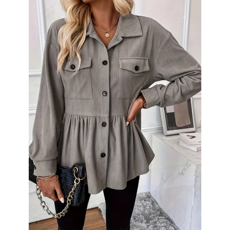 Shipped: women's corduroy ruffle button-down shirt - long sleeve casual top with pockets and ruffled hem