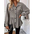 Shipped: women's corduroy ruffle button-down shirt - long sleeve casual top with pockets and ruffled hem