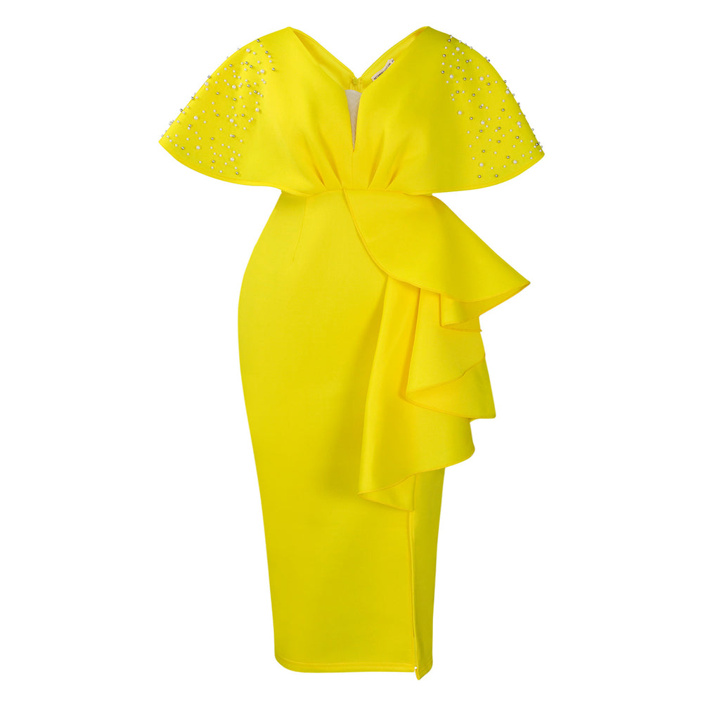 D516  summer sexy v-neck ruffle slit beaded evening gown - elegant socialite style banquet dress