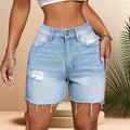 European and american retro washed denim shorts for women - high waist, distressed, raw hem, stretchy, summer versatile, slimming straight leg