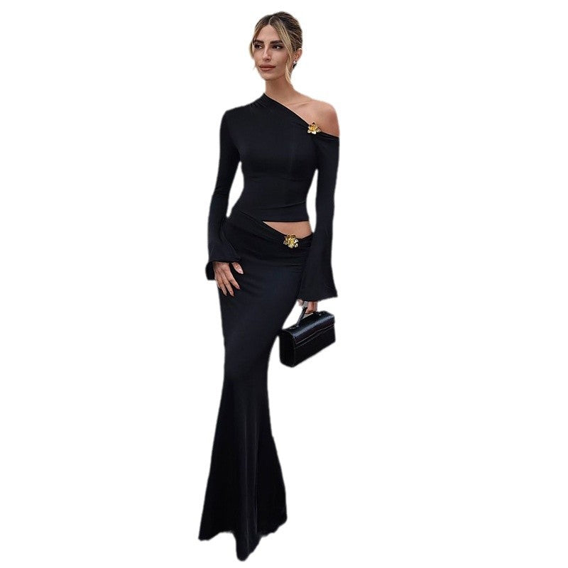 Autumn new arrivals: european and american style fashionable one-shoulder metallic detail flared sleeve top and high-waisted midi skirt set