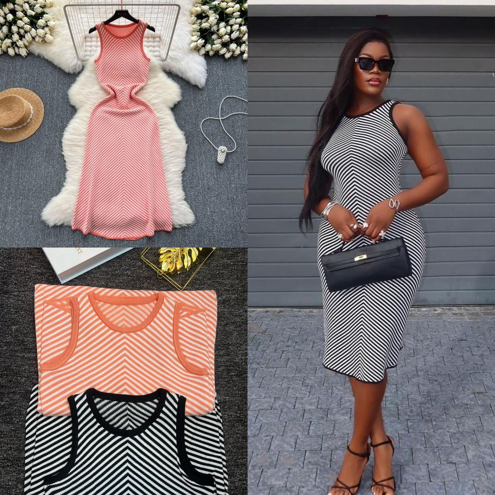 Designer color block striped knit dress - women's 2024 new summer korean style midi sleeveless tank dress