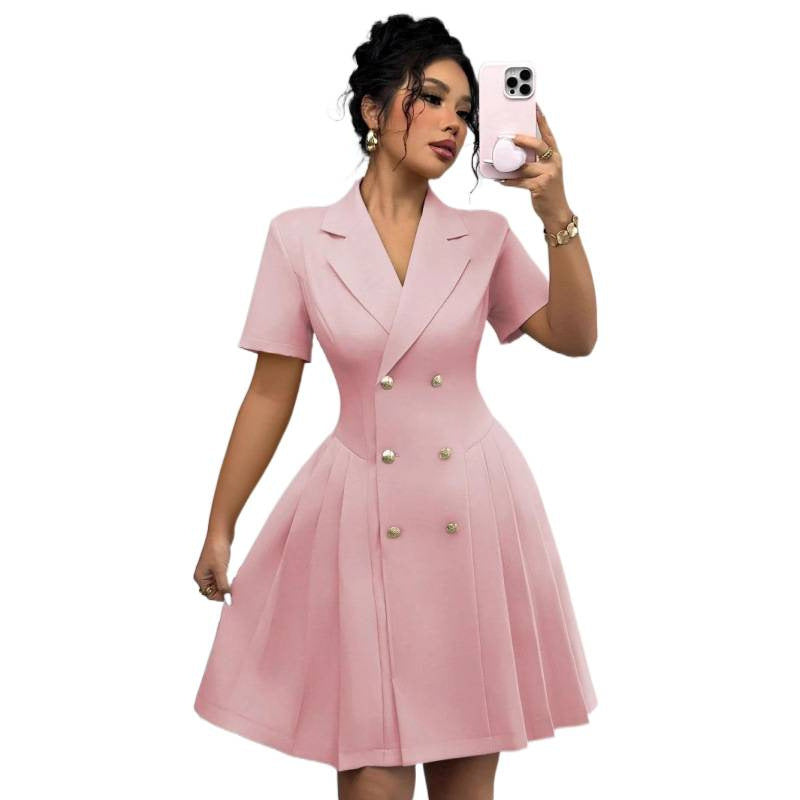 european and american/russian  autumn new arrival short-sleeve solid color cinched waist double-breasted dress