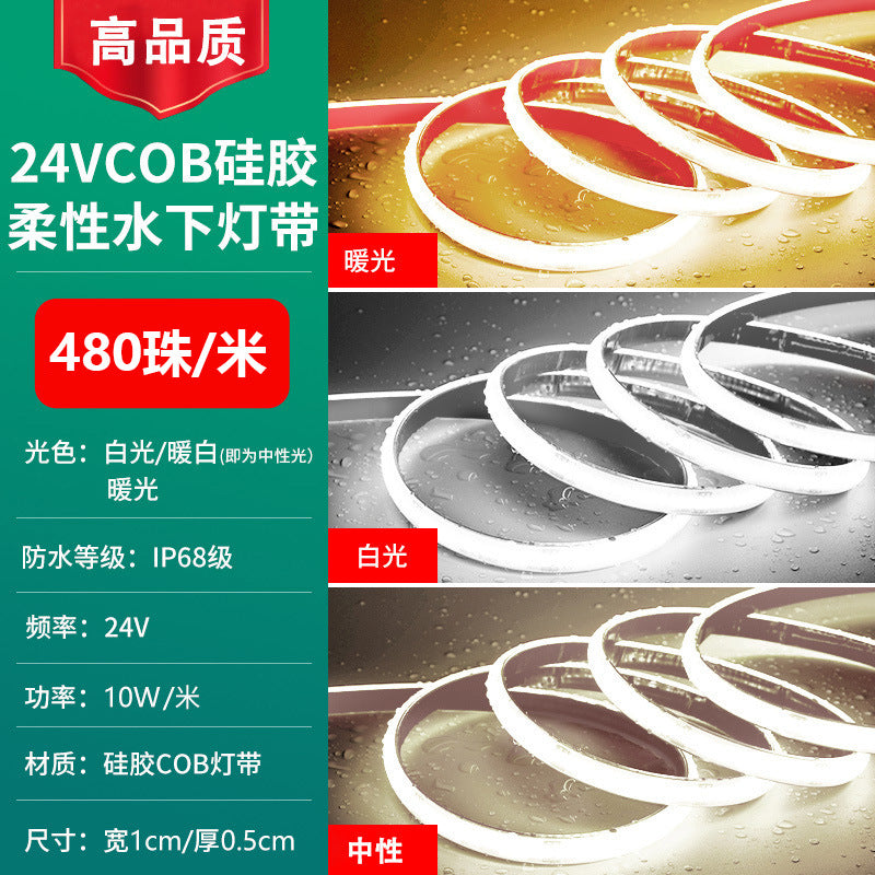 Underwater cob led strip lights - waterproof, solid silicone, 24v, for fish tanks, ponds, and outdoor use. ip68 rated, self-adhesive silicone strip lights