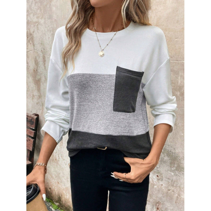 Shipped: women's color block long sleeve top - crew neck patchwork chest pocket autumn casual pullover