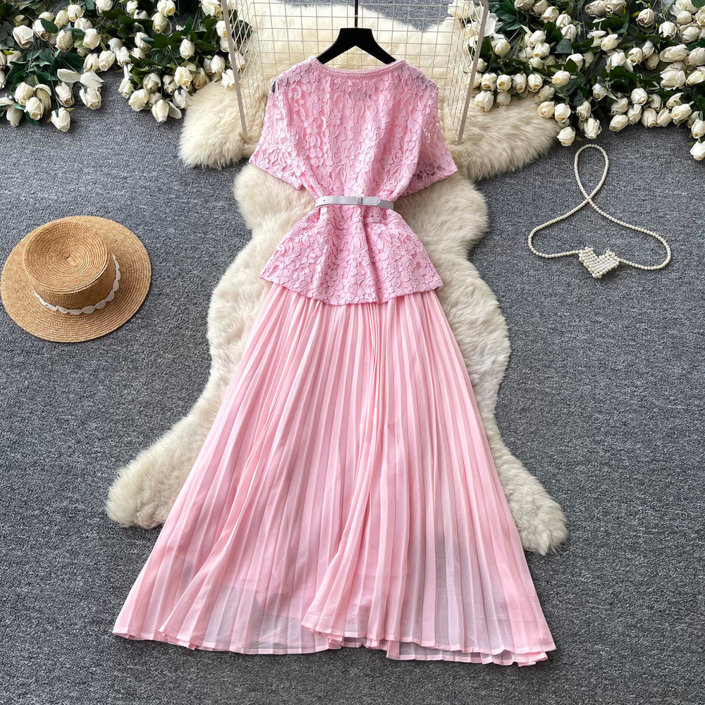Xiaoxiangfenglaceheavy industrypatchworkpleated dress colorsummerv neck waist pleated long skirteleganceslimming look
