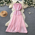 Xiaoxiangfenglaceheavy industrypatchworkpleated dress colorsummerv neck waist pleated long skirteleganceslimming look