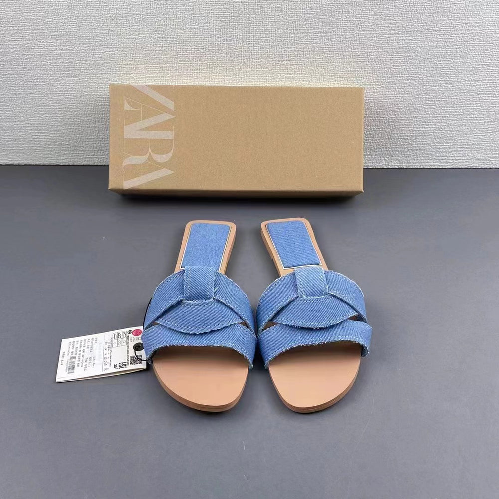 Za2024summernew arrival women's shoes flats cow leather sandals one strap sandals open toe back empty beach shoes outwear