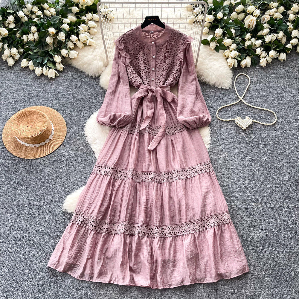 Frenchretro style lacepatchworkdress women's spring long k-style sleeve waist a-line skirt elegant over-the-knee long skirt