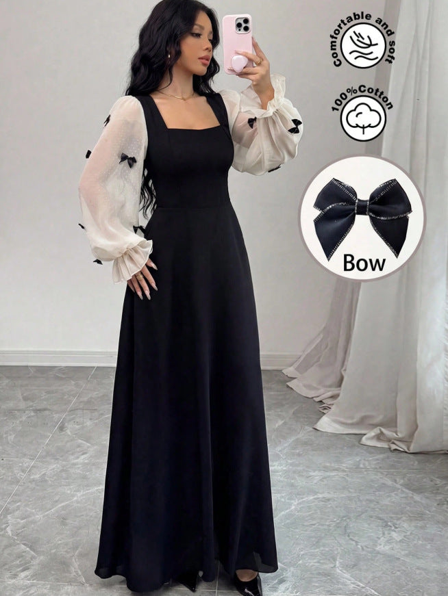 European and american cross-border  french color block bowknot fairy maxi dress - solid black body with high-waisted paneling