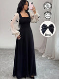 European and american cross-border  french color block bowknot fairy maxi dress - solid black body with high-waisted paneling