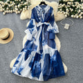 French chic dress -  new collection: court style tie-waist lantern sleeve printed mesh midi dress