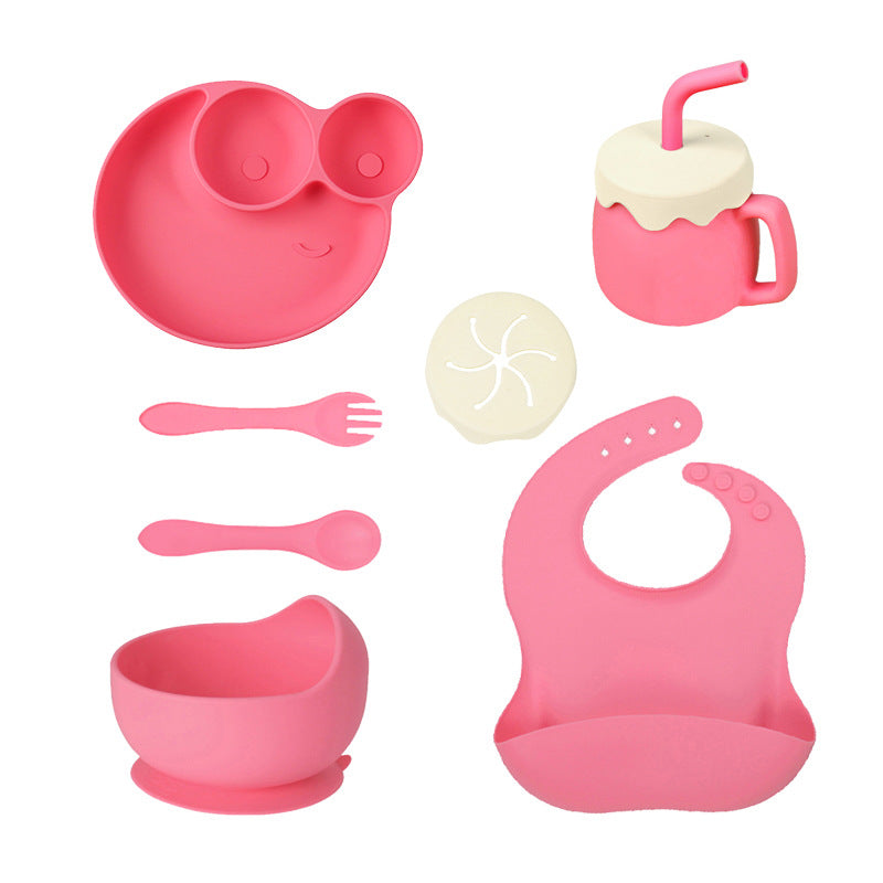 Children's Silicone Plate 7-piece Set Baby Separate Plate Feeding Bib Water Cup Fork Spoon Supplementary Food Bowl Tableware