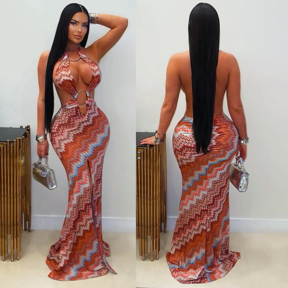 C7727 cross-border    new women's casual printed ripple dress summer maxi dress