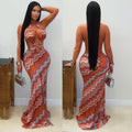 C7727 cross-border    new women's casual printed ripple dress summer maxi dress