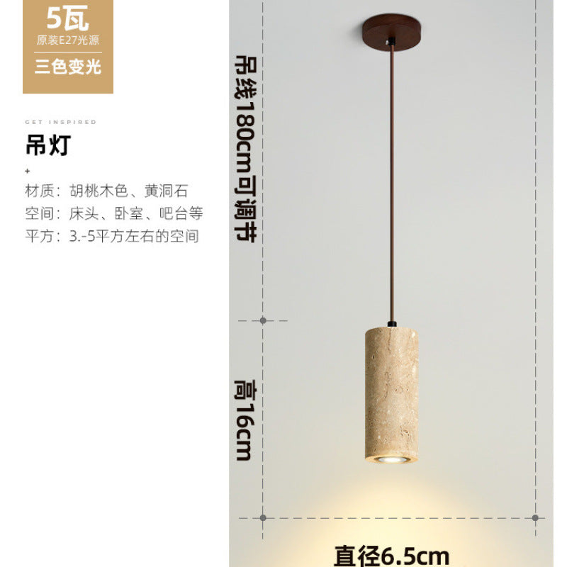 Yellow travertine bedroom bedside chandelier Japanese wabi-sabi retro walnut living room background wall bar hanging line lamp