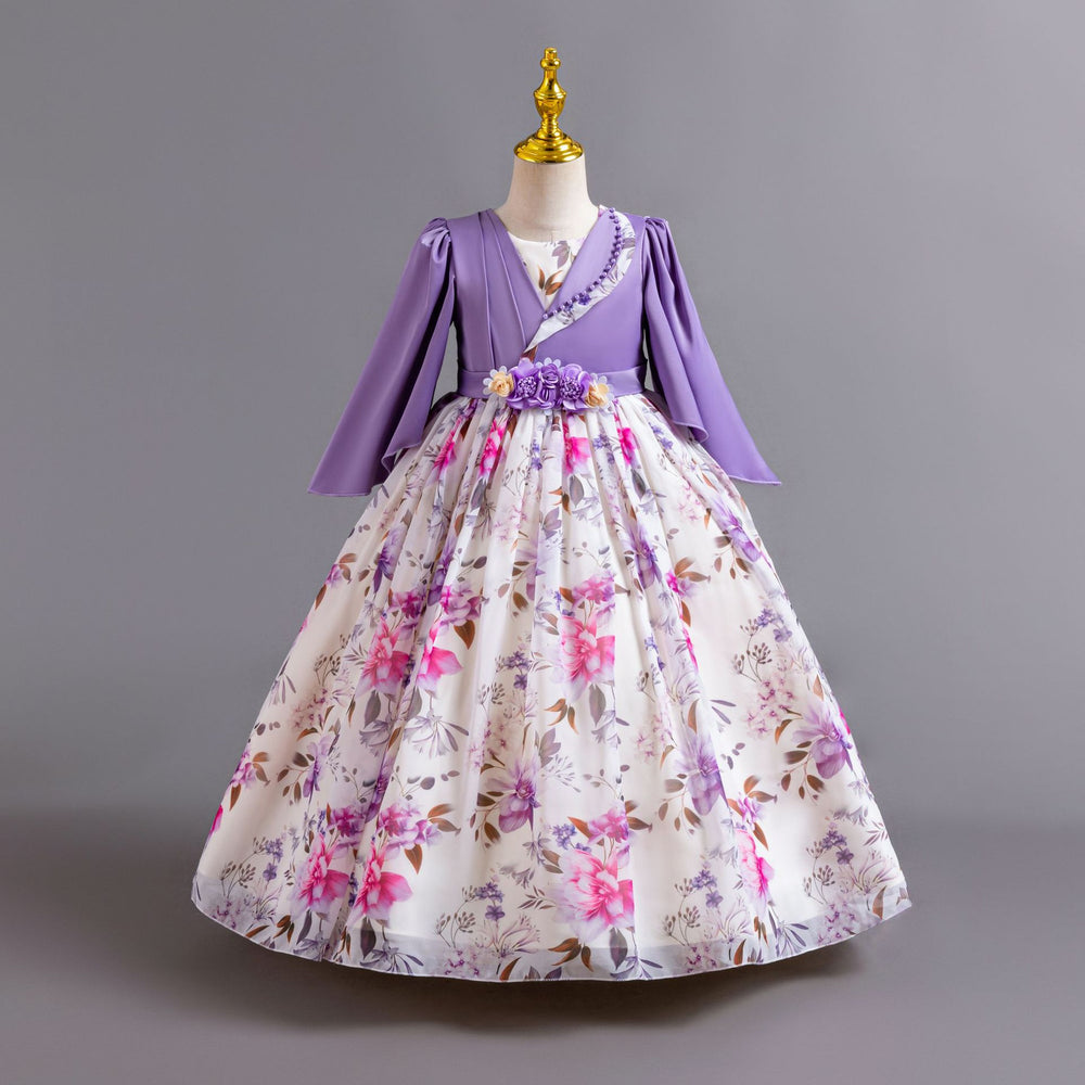 New floral girl's dress chiffon long sleeve princess dress first birthday piano performance dress baby dress