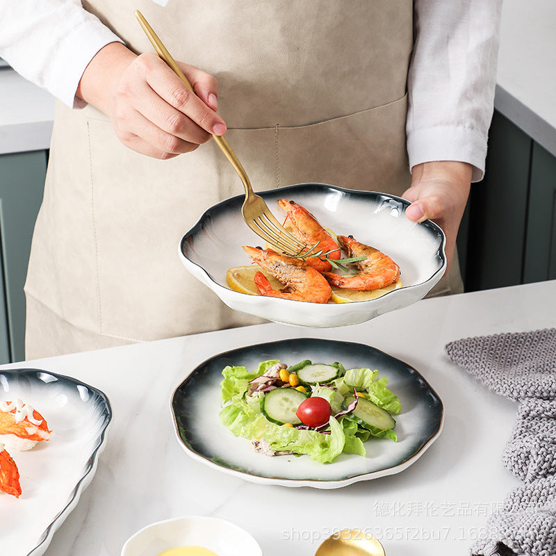 Japanese-style creative green-edged minimalist ceramic rice bowl, noodle bowl, soup bowl, plate, and dish set with matching fish plate