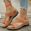 summer retro cross-border round toe slip-on sandals women's stitching wedge heel cut outplus size metal sandals