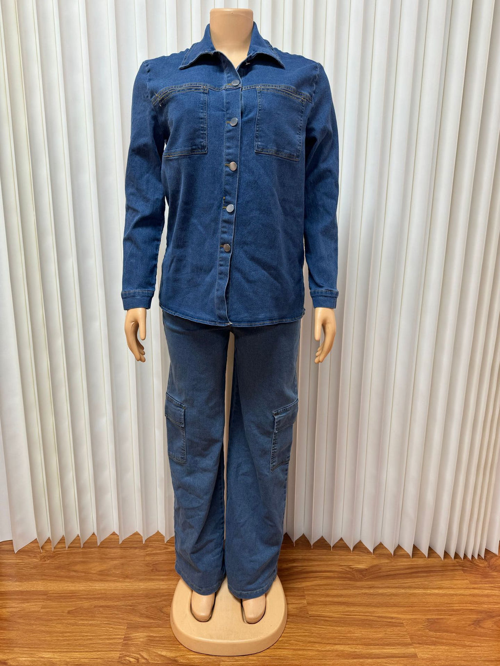 European and American  women's clothing  new loose lapel cardigan long-sleeved straight trousers multi-pocket set denim