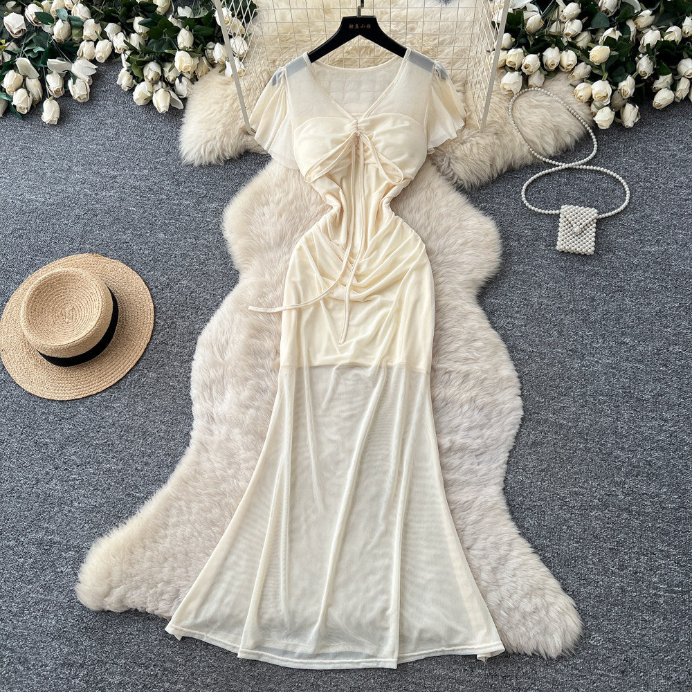 Lightly mature elegance style red short-sleeved dress female summer k-style pleated a-line long skirt work clothingslimming lookelegant skirt