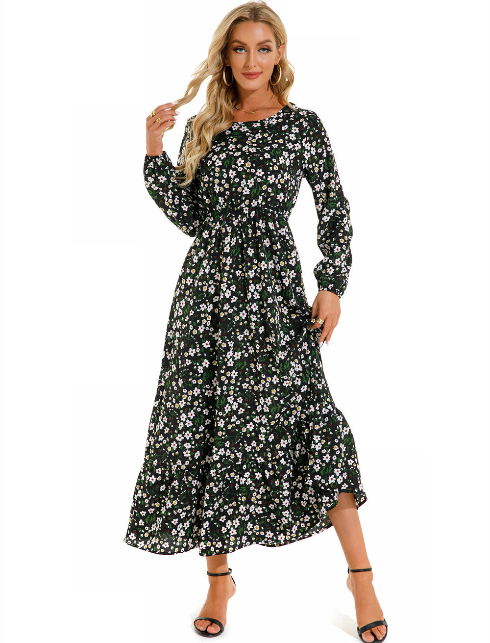 Shopee tk floral dress women's french round neck waist long light mature classysense slimming look cross-border early spring style