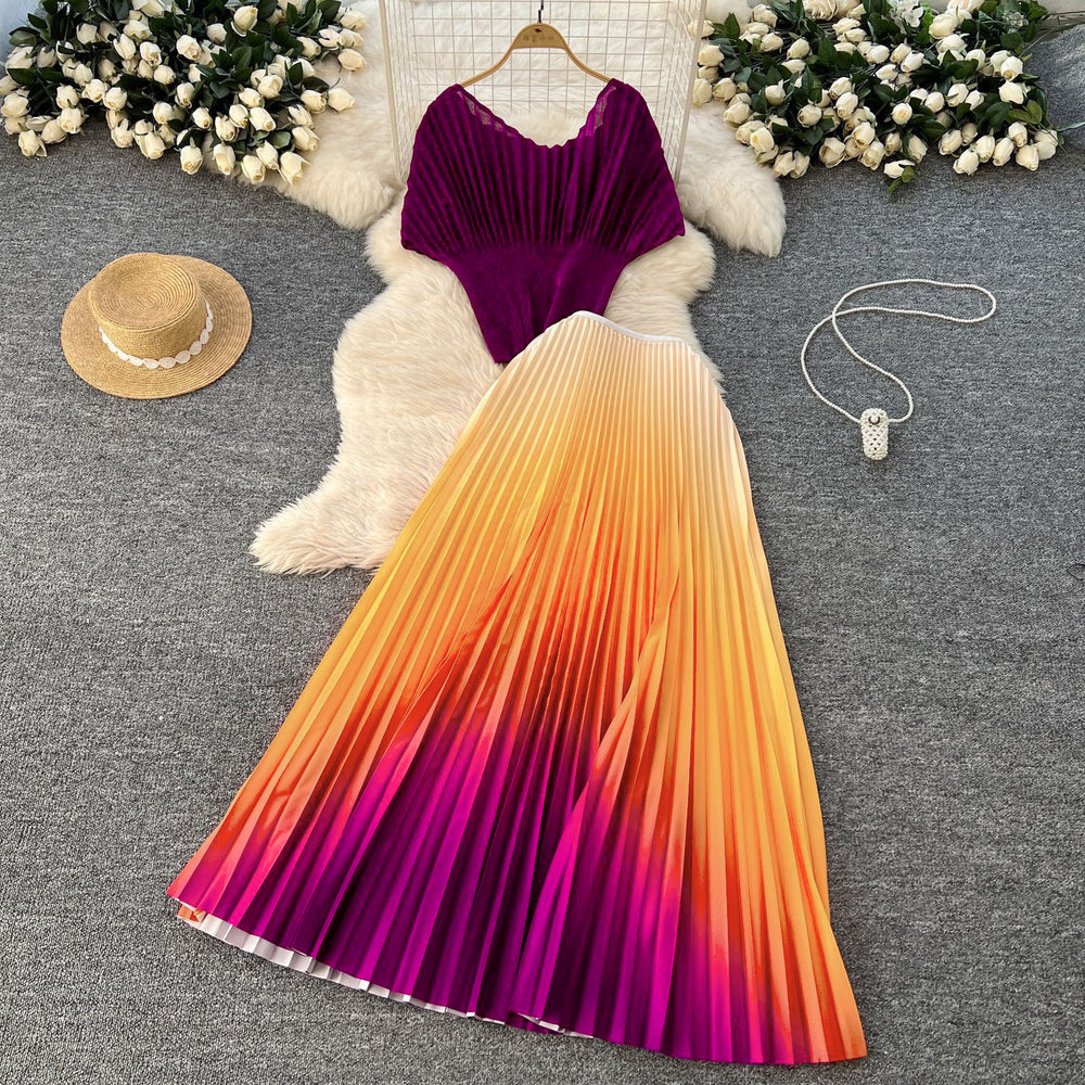 Miya pleated suit women's summer sense of design silm sparkly short sleeve topshigh waist gradient color pleated skirt