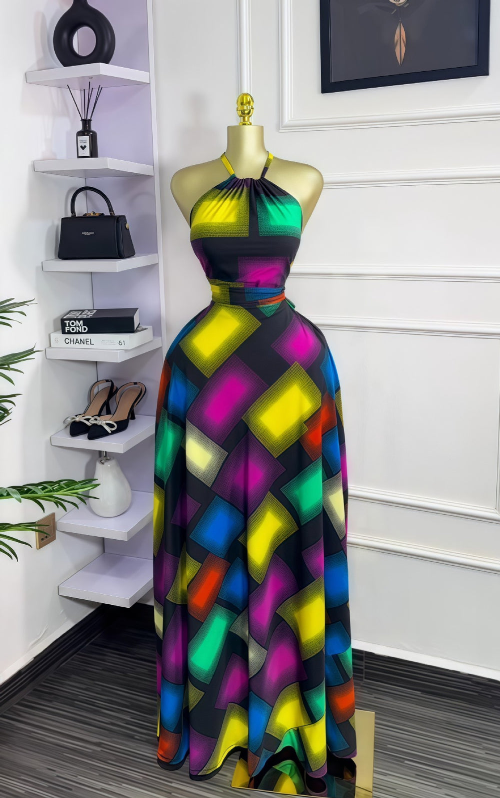 European and american cross-border women's fashion  summer new sleeveless halter color block cinched waist tie-up long elegant dress