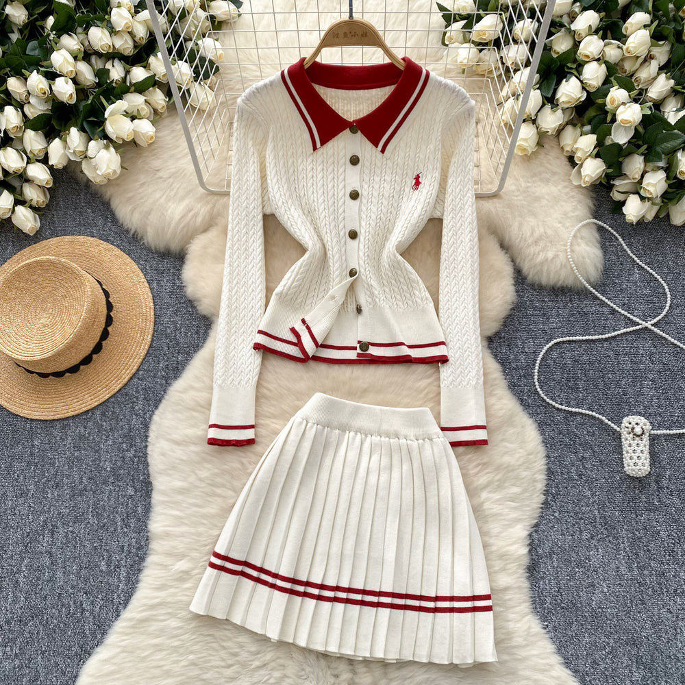 Preppy style small spur embroiderpolo collar long sleevesknittingcardigan women's autumtwo-piece setsweaterhigh waistpleated short skirt