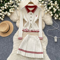 Preppy style small spur embroiderpolo collar long sleevesknittingcardigan women's autumtwo-piece setsweaterhigh waistpleated short skirt