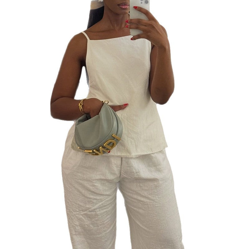 European and american cross-border women's fashion:  summer new collection - stylish white camisole top and wide-leg pants casual set