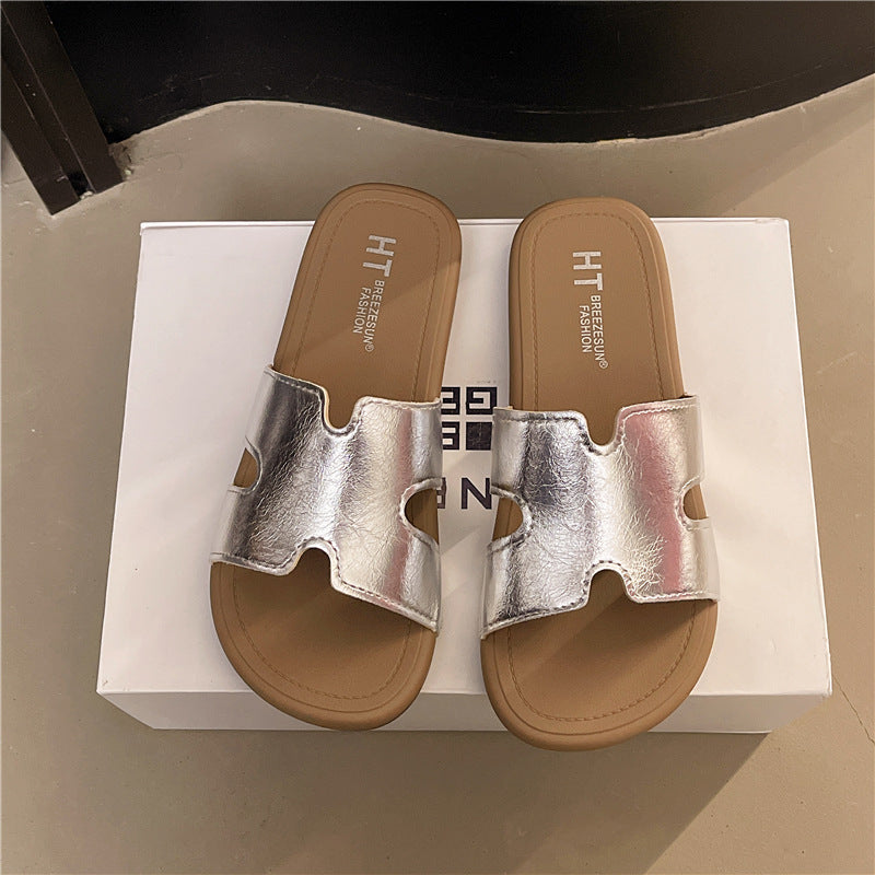 Fashionable starlight silver h strap versatile soft sole mules - french retro flat slide sandals for women