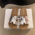 Fashionable starlight silver h strap versatile soft sole mules - french retro flat slide sandals for women