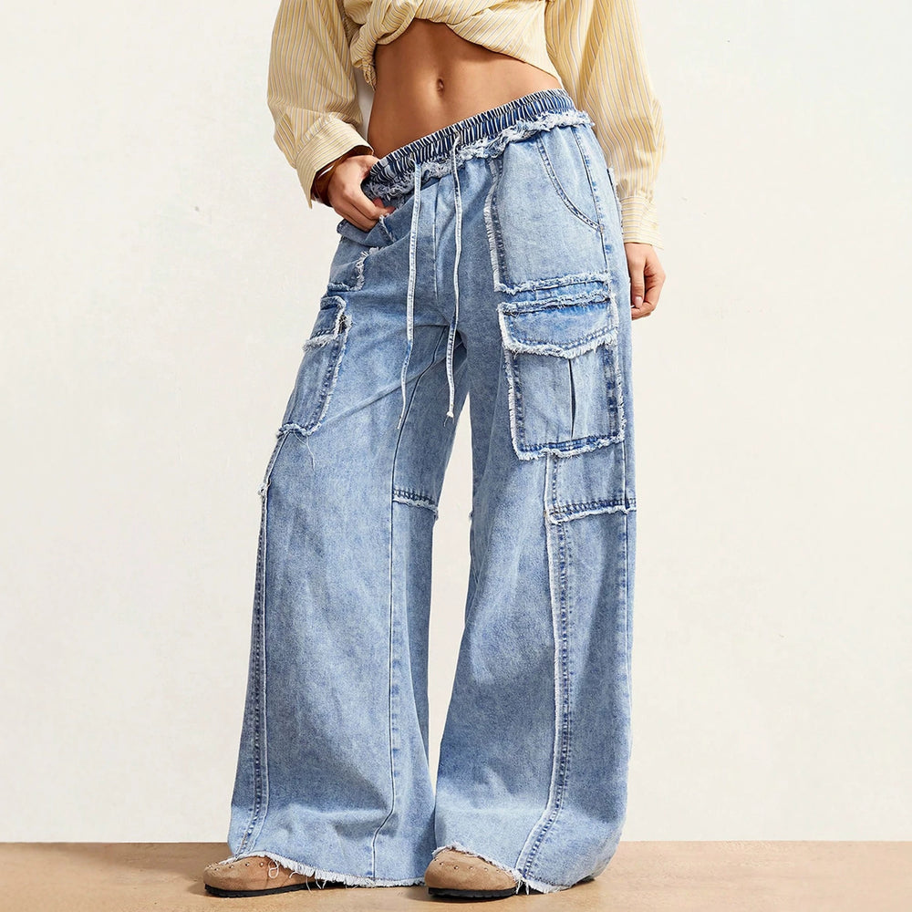 European and american style women's drawstring elastic waist raw hem wide leg cargo jeans - vintage washed multi-pocket denim pants