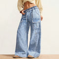 European and american style women's drawstring elastic waist raw hem wide leg cargo jeans - vintage washed multi-pocket denim pants