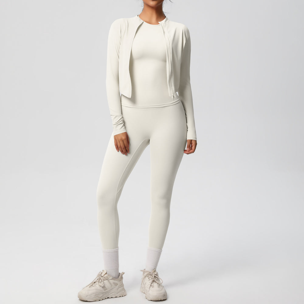 Ready-to-ship cross-border double-sided brushed microfiber seamless, breathable, and skin-friendly three-piece activewear set for women, perfect for running, fitness, and yoga